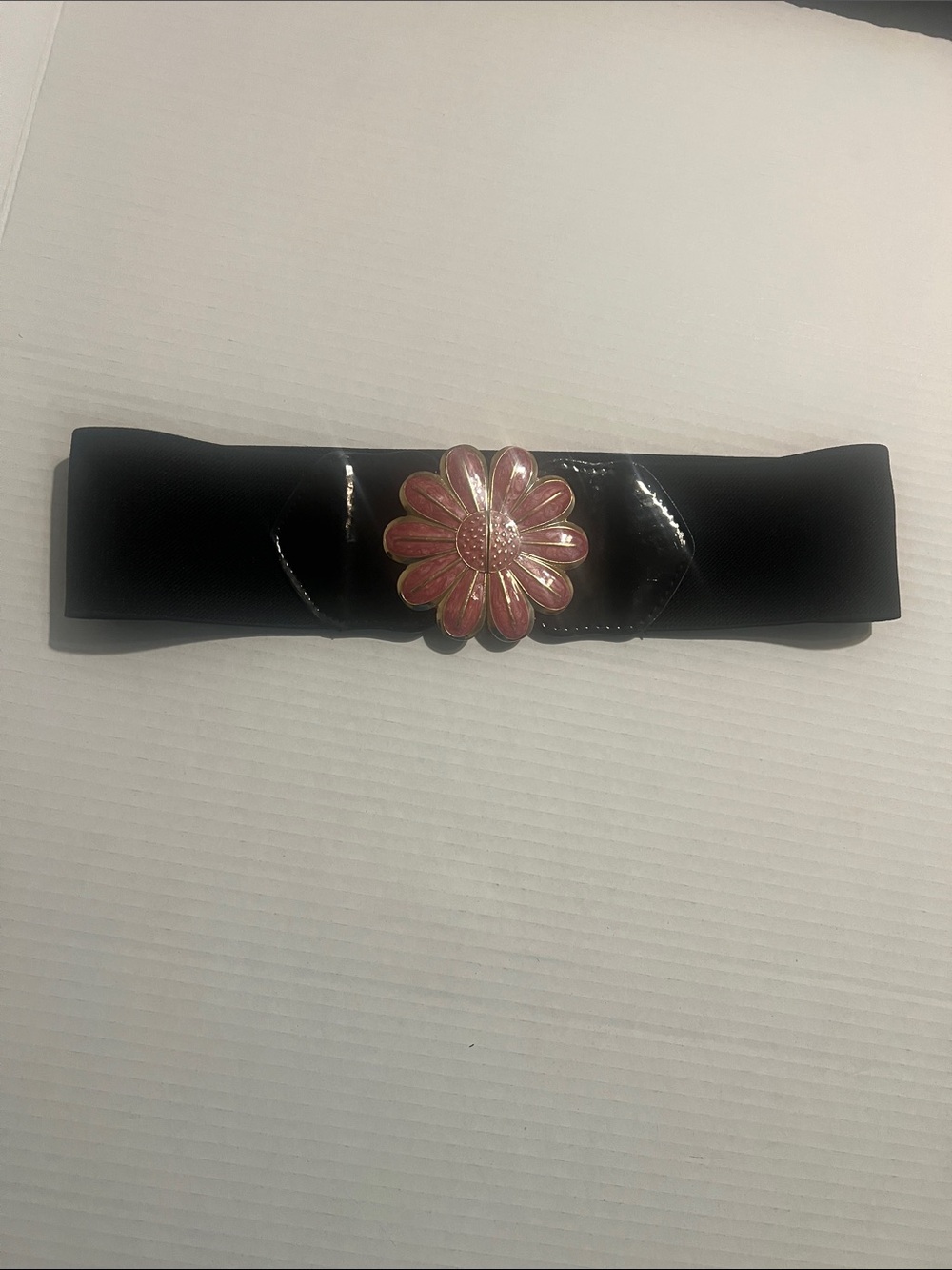 Source Unknown Black Elastic Belt with Pink Flower Buckle